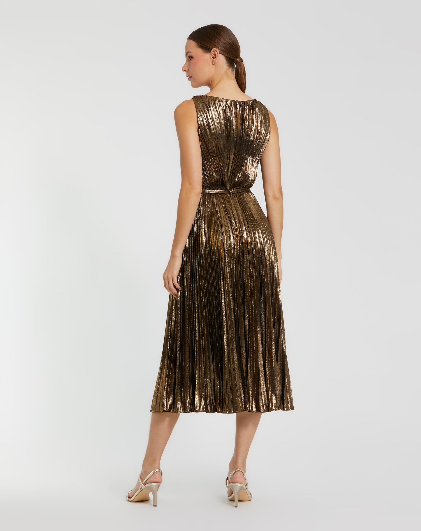 Mac Duggal 27611 Gold Metallic Jersey Pleated High Neck Midi Dress
