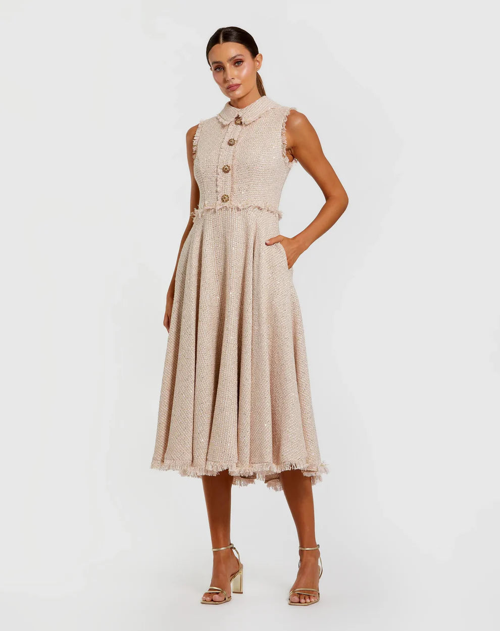 Mac Duggal 27658 Boucle Sleeveless Collared Button Up Midi Dress
