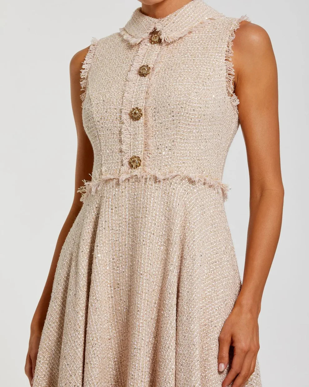 Mac Duggal 27658 Boucle Sleeveless Collared Button Up Midi Dress