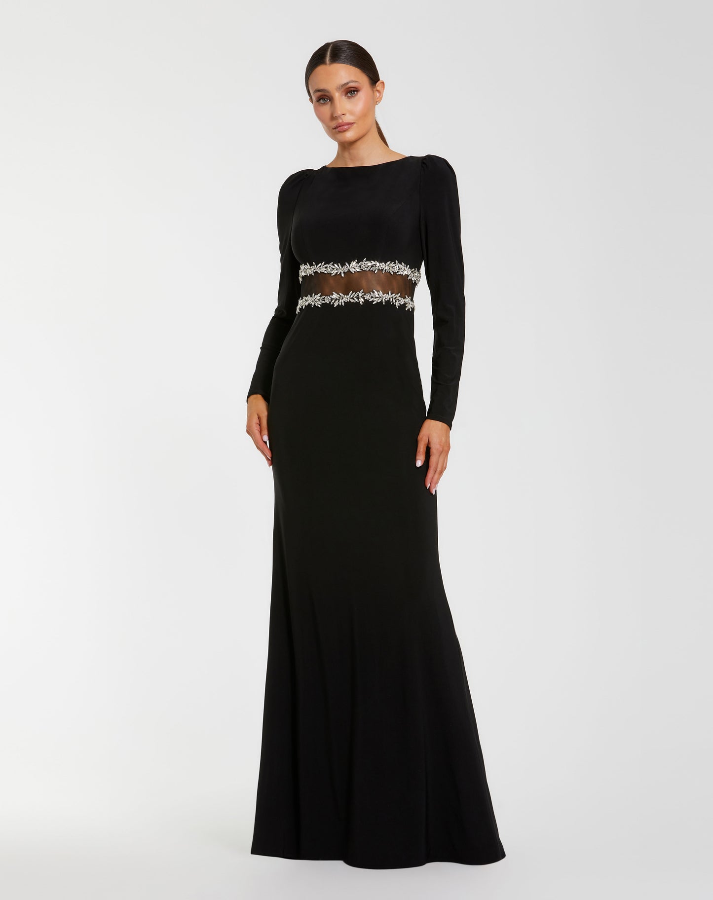 Mac Duggal 27695 Black Long Sleeve Boat Neckline Jersey Gown With Jewel Detail