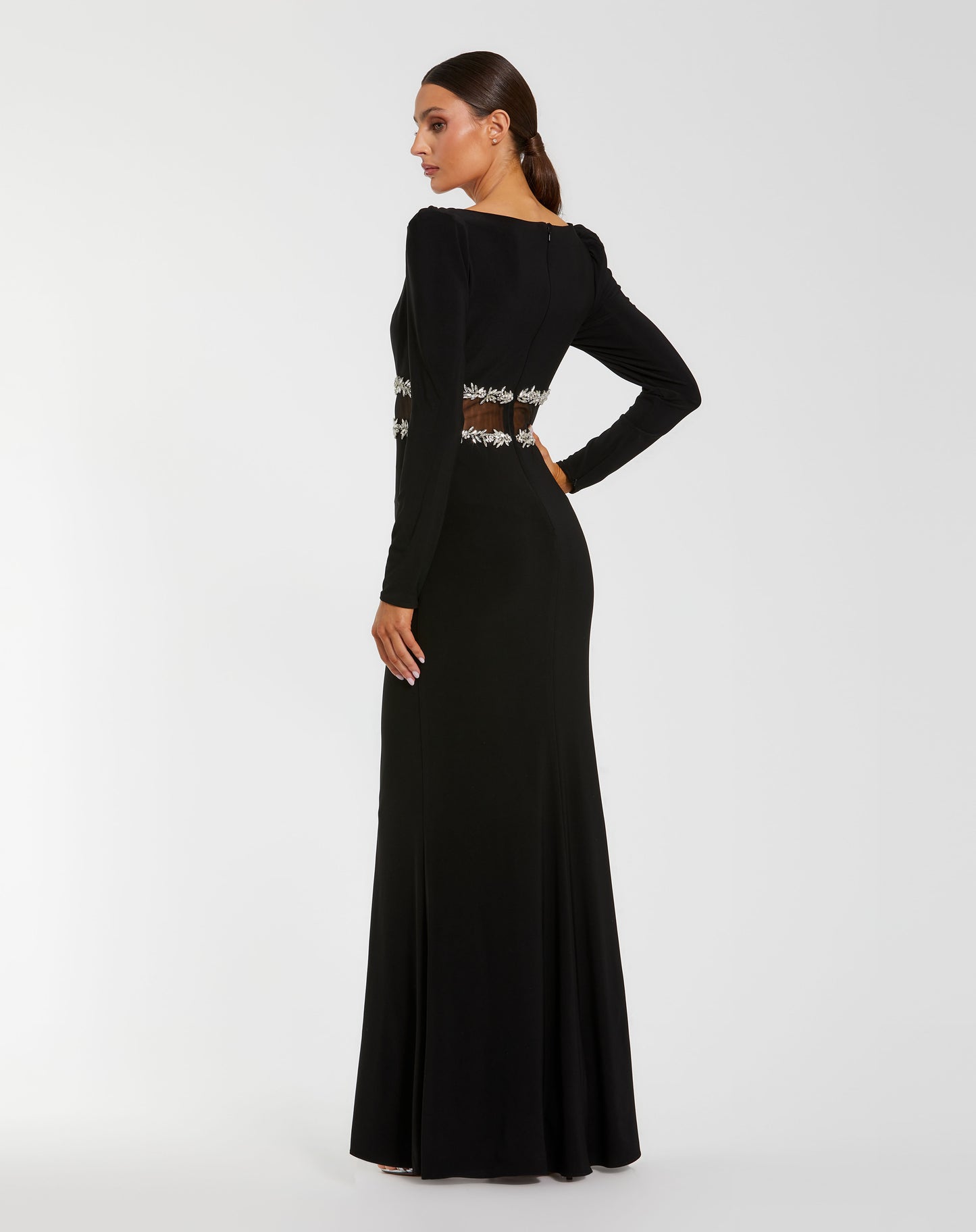 Mac Duggal 27695 Black Long Sleeve Boat Neckline Jersey Gown With Jewel Detail