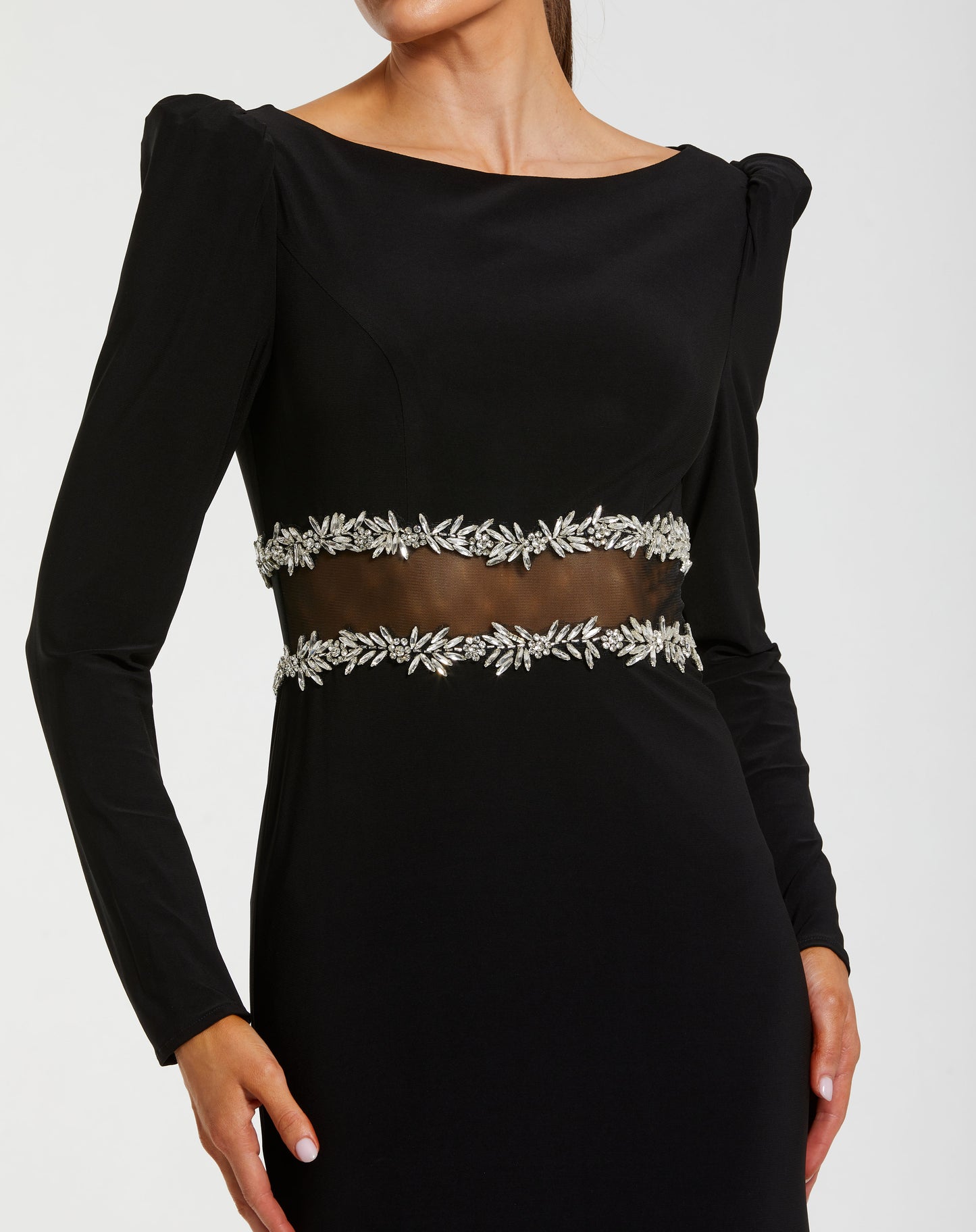 Mac Duggal 27695 Black Long Sleeve Boat Neckline Jersey Gown With Jewel Detail