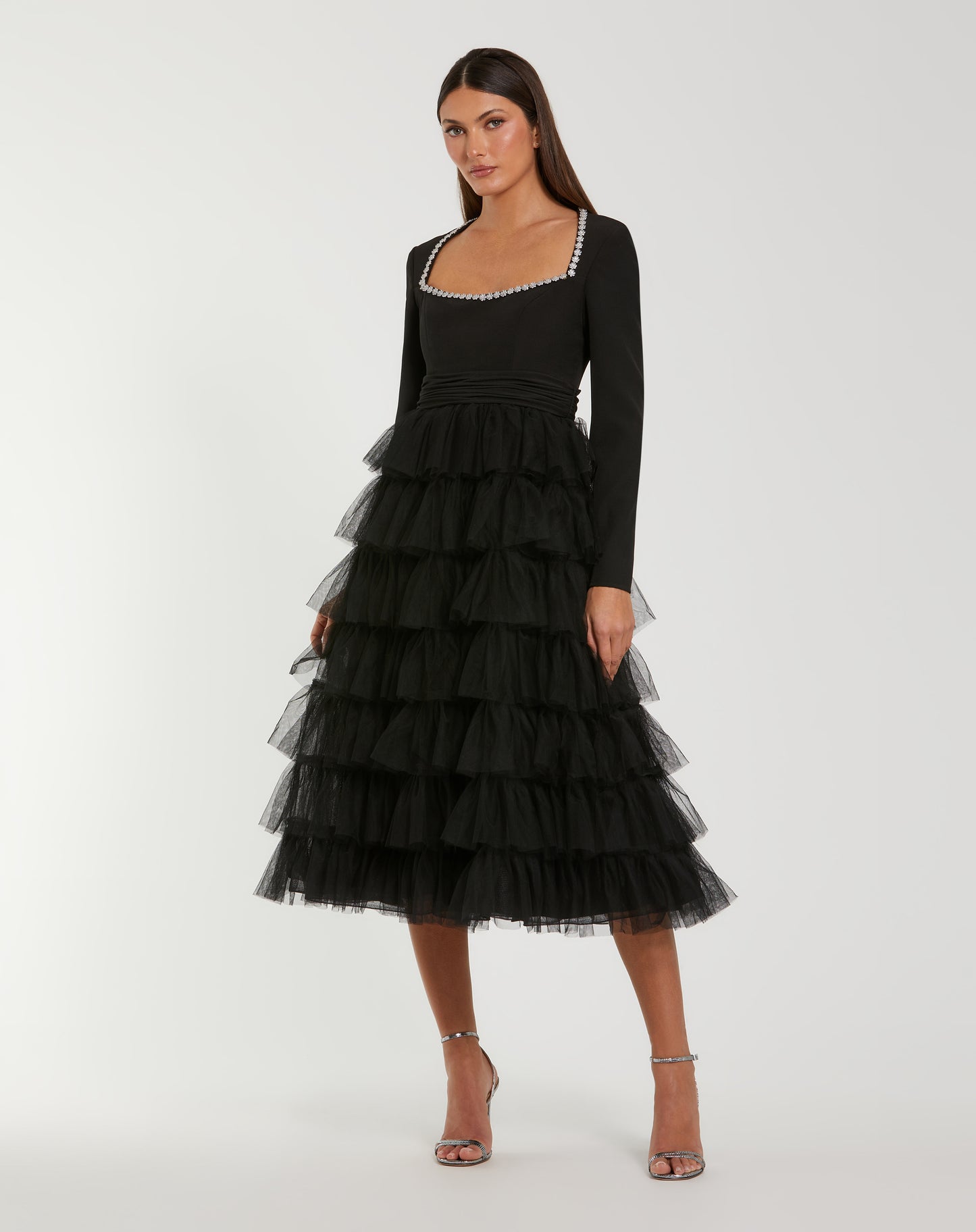 Mac Duggal 27707 Black Crepe Crystal Trim Tiered Tulle Midi Dress