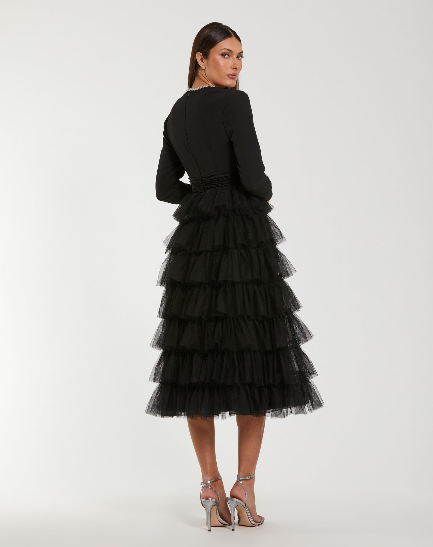 Mac Duggal 27707 Black Crepe Crystal Trim Tiered Tulle Midi Dress