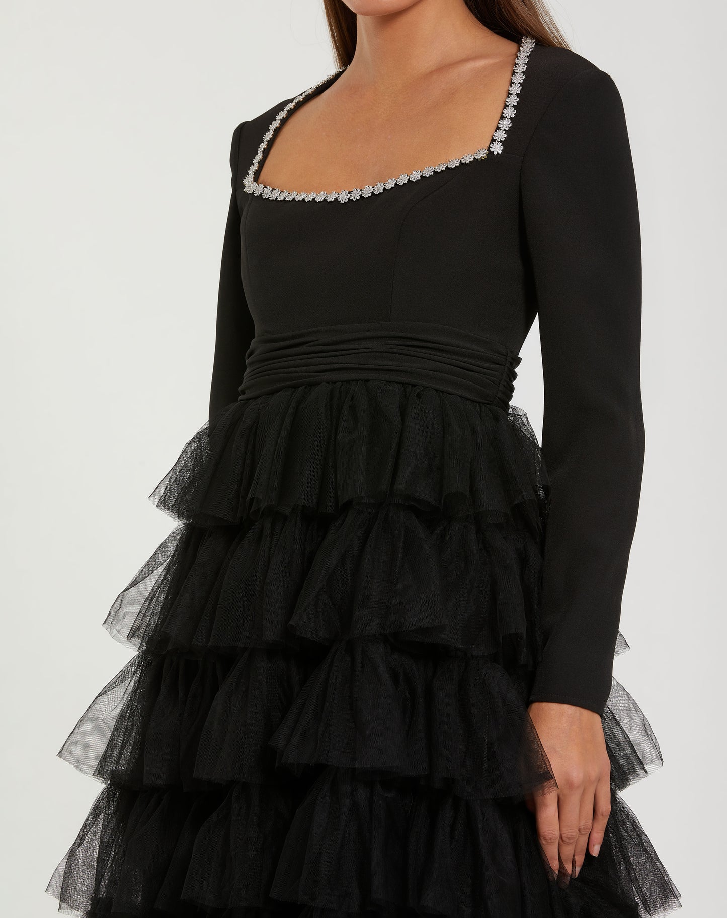 Mac Duggal 27707 Black Crepe Crystal Trim Tiered Tulle Midi Dress
