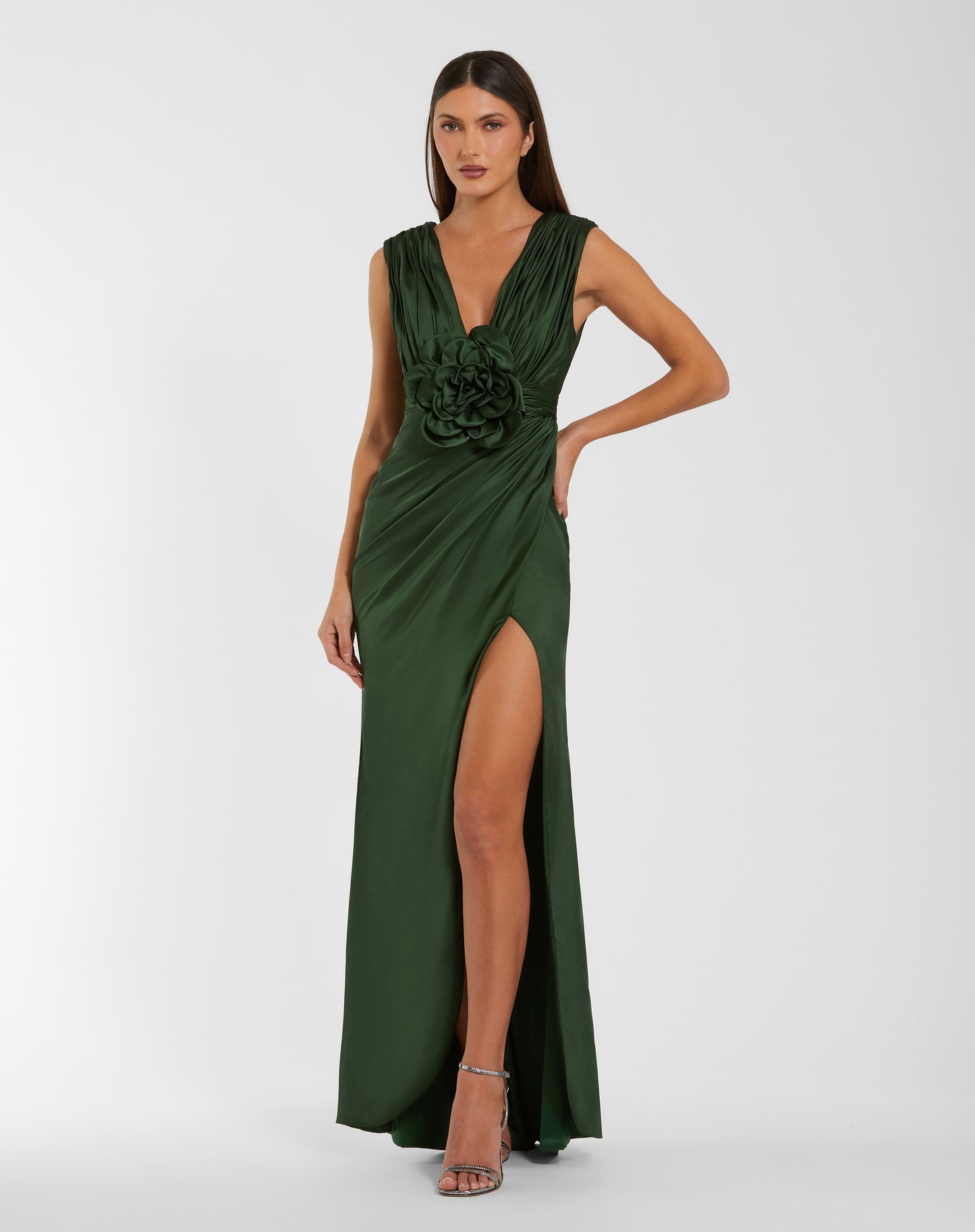 Mac Duggal 27728 Green Sleeveless Charmeuse Plunge V-Neck Gown with a 3D Flower