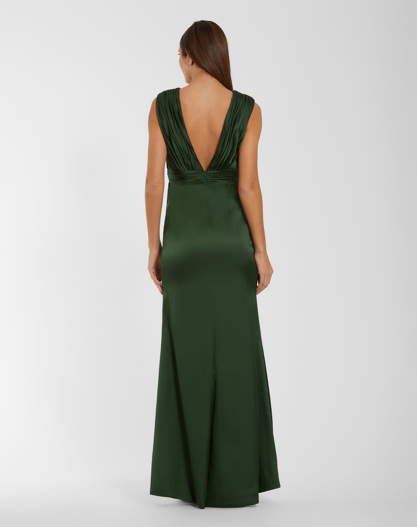 Mac Duggal 27728 Green Sleeveless Charmeuse Plunge V-Neck Gown with a 3D Flower