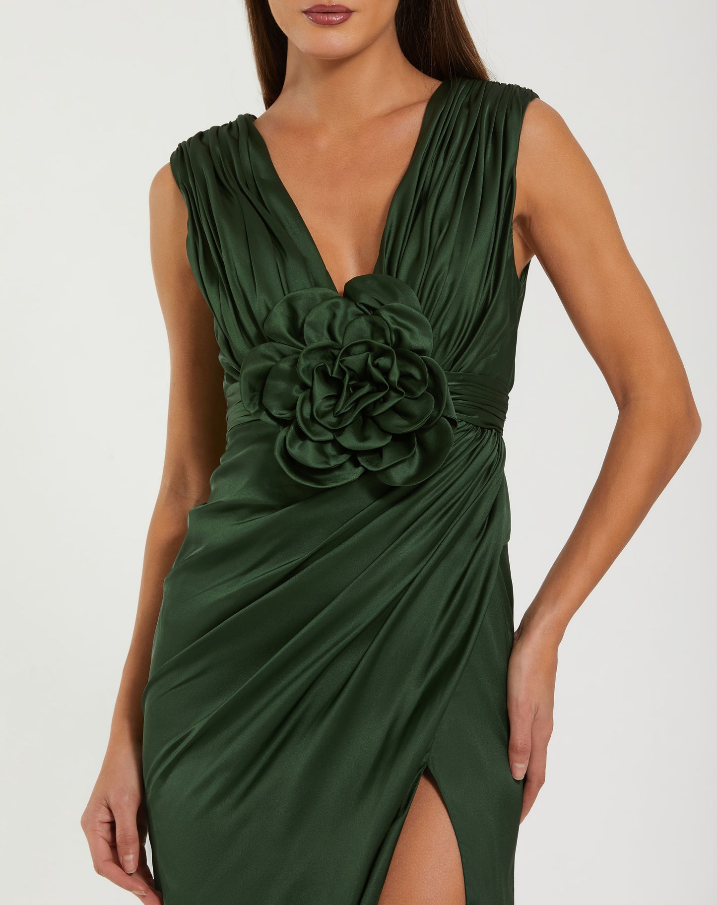 Mac Duggal 27728 Green Sleeveless Charmeuse Plunge V-Neck Gown with a 3D Flower