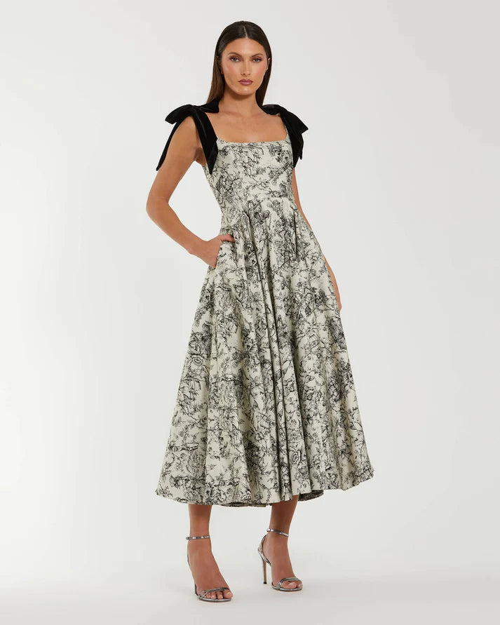Mac Duggal 27749 Black Ivory Sleeveless Square Neckline Brocade A Line Midi Dress With Bow Straps