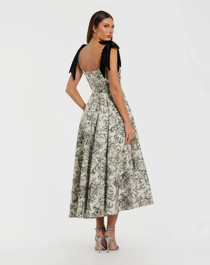 Mac Duggal 27749 Black Ivory Sleeveless Square Neckline Brocade A Line Midi Dress With Bow Straps
