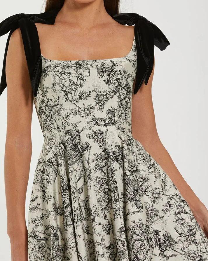 Mac Duggal 27749 Black Ivory Sleeveless Square Neckline Brocade A Line Midi Dress With Bow Straps