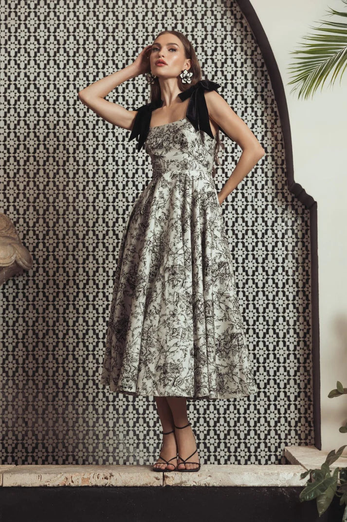Mac Duggal 27749 Black Ivory Sleeveless Square Neckline Brocade A Line Midi Dress With Bow Straps