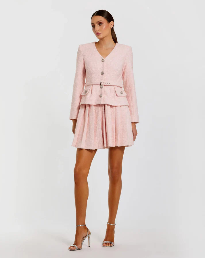 Mac Duggal 27752 Blush Boucle Long Sleeve V-Neck Mini Dress with Pearl and Rhinestone Embellished Buttons