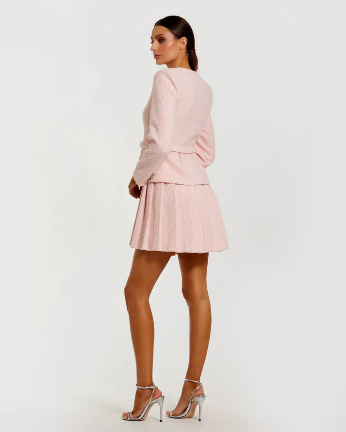 Mac Duggal 27752 Blush Boucle Long Sleeve V-Neck Mini Dress with Pearl and Rhinestone Embellished Buttons