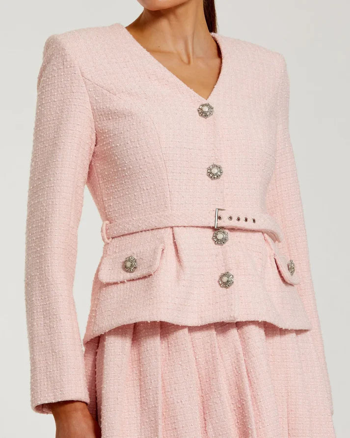 Mac Duggal 27752 Blush Boucle Long Sleeve V-Neck Mini Dress with Pearl and Rhinestone Embellished Buttons