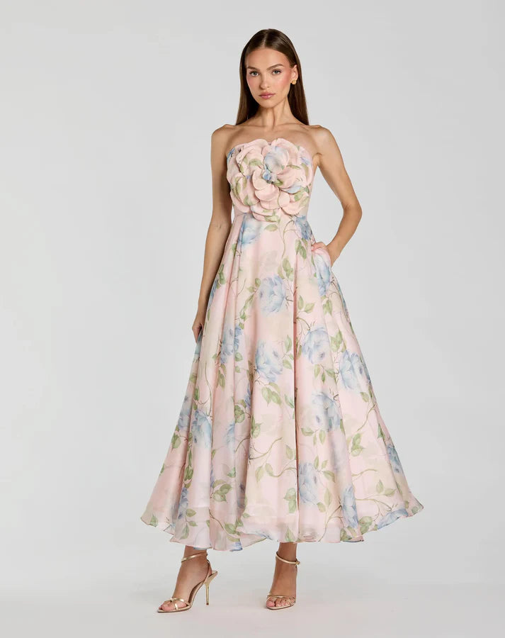 Mac Duggal 27822 Powder Blue Multi Strapless Floral Printed Organza Midi Dress With Flower