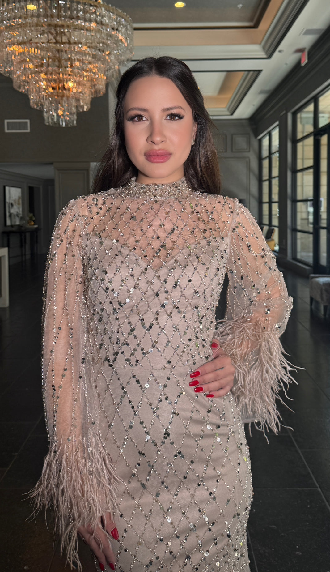Hasina Modest Neckline Flare Long Sleeve Embellished Feather Dress Beige / 18 Hasina Modest Neckline Flare Long Sleeve Embellished Feather Dress Beige / 18