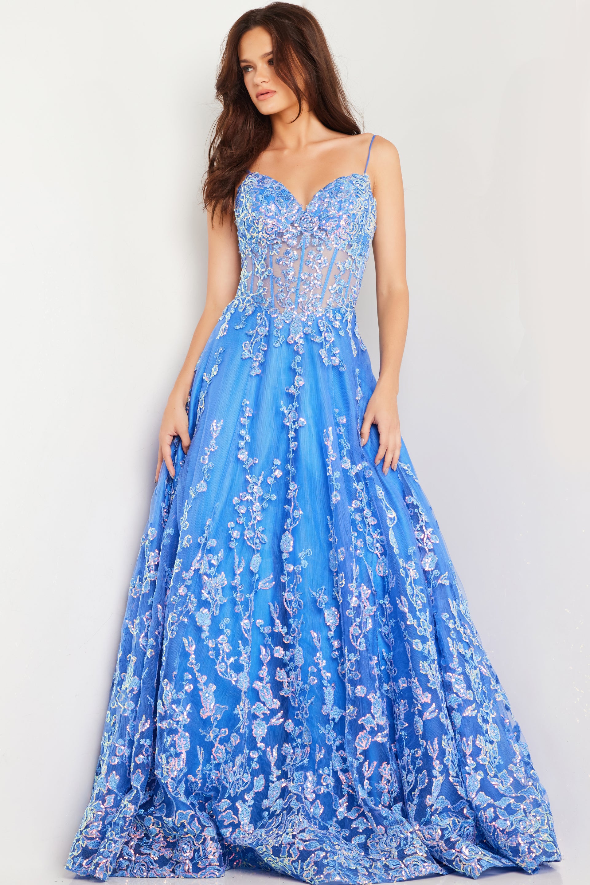 Jovani 29072 Floral Embroidered Corset Bodice Dress Turquoise / 00