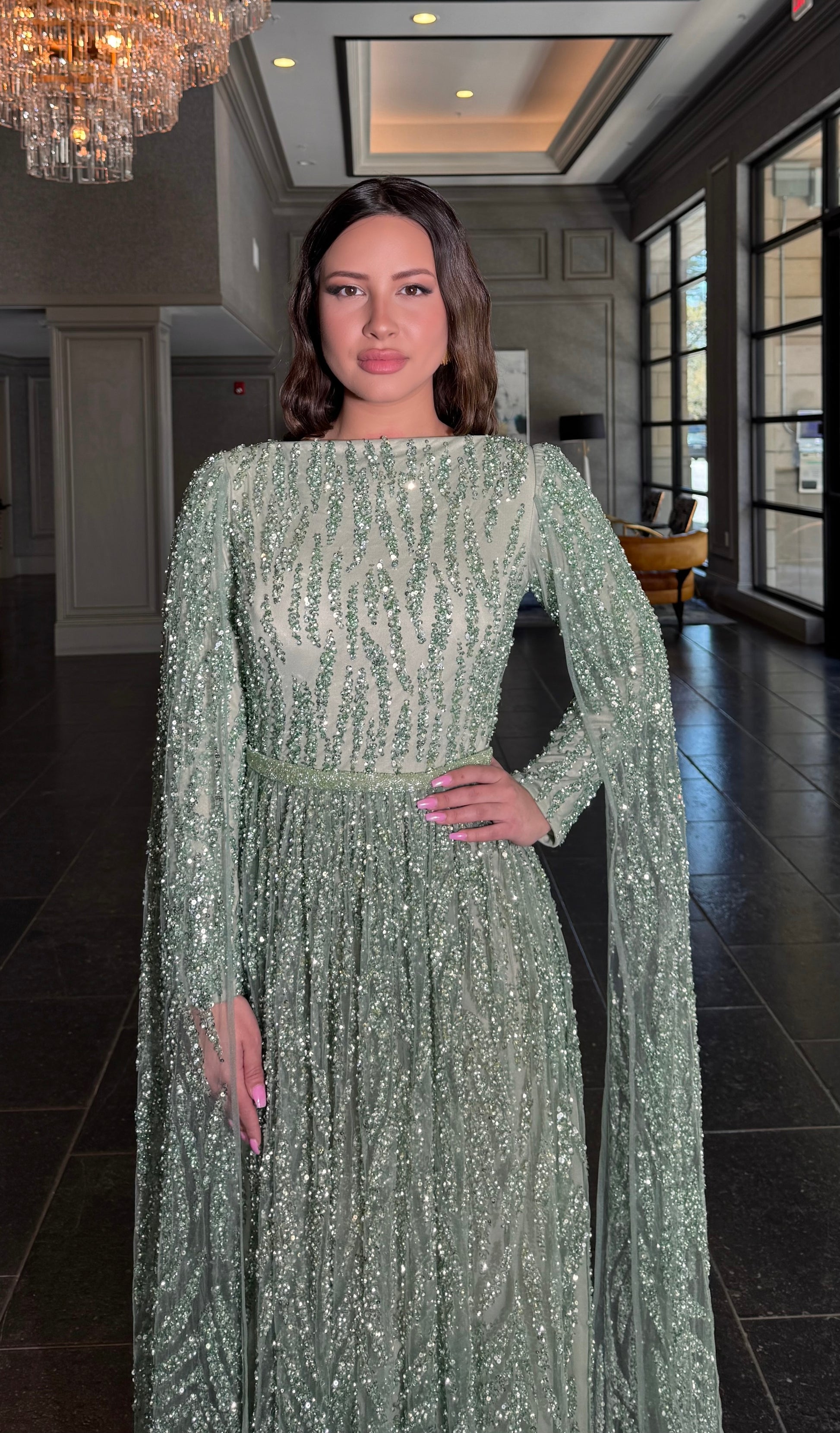 beaded party dress modest cape sleeeve round neck Beaded High Neck Cape A Line Chiffon Gown 49743