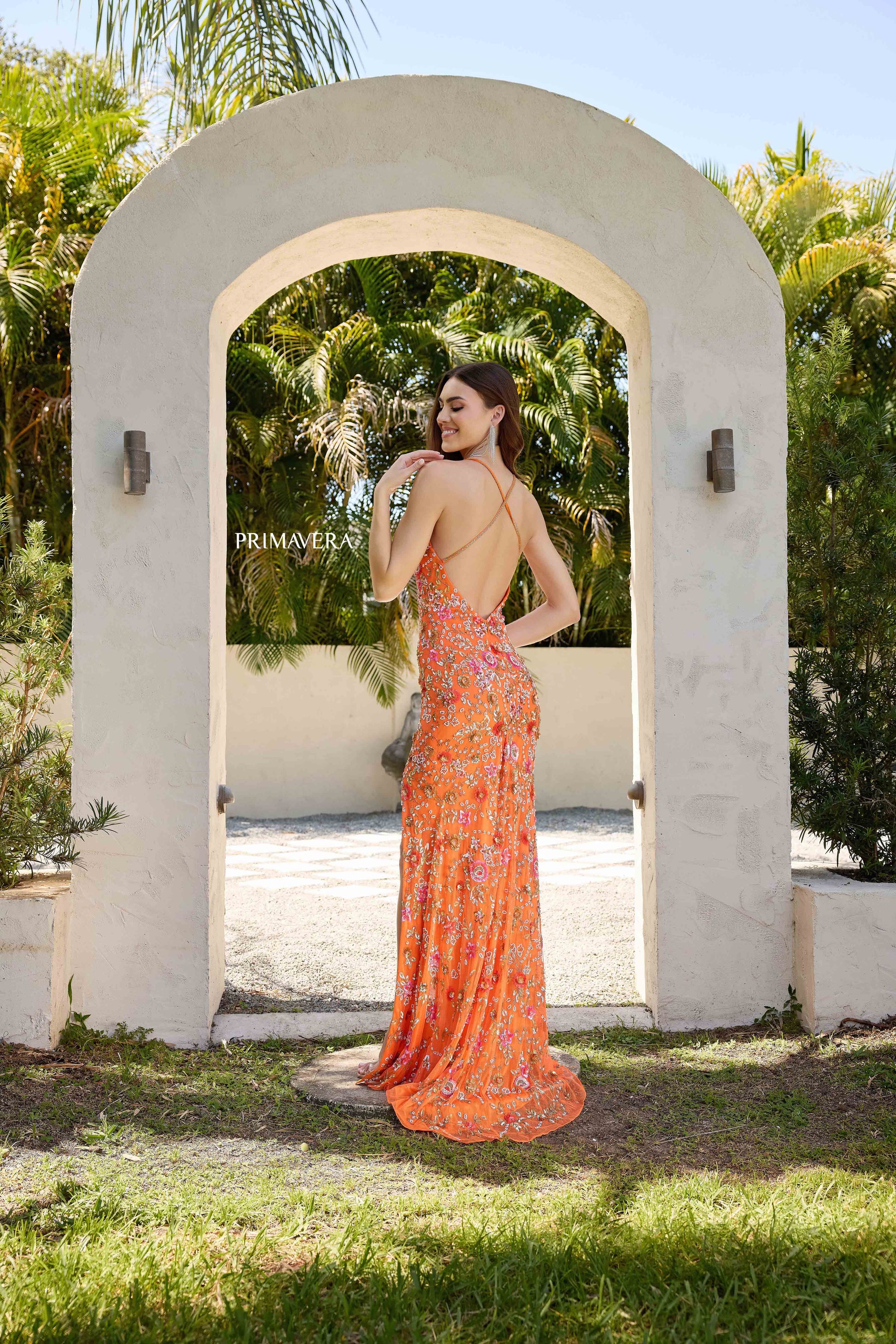 Primavera Couture Beaded Floral Open Back Long Dress 3073