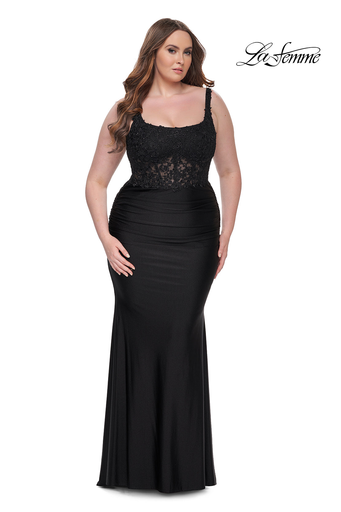Shop La Femme 31273 Long ruched jersey prom dress with lace embellished  illusion top and lace up back. Back zipper closure.  B Chic Fashions