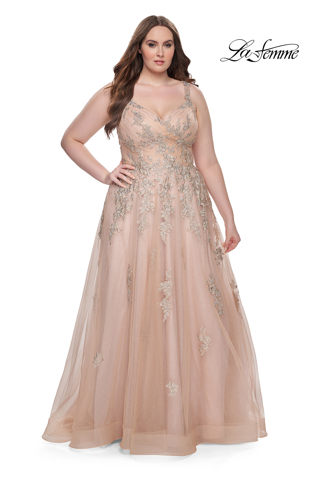 Shop La Femme 31383 Beautiful plus size gown with lace applique and ruching  along the bodice. A-line tulle dress with high slit and illusion back. Back  zipper closure. – B Chic Fashions