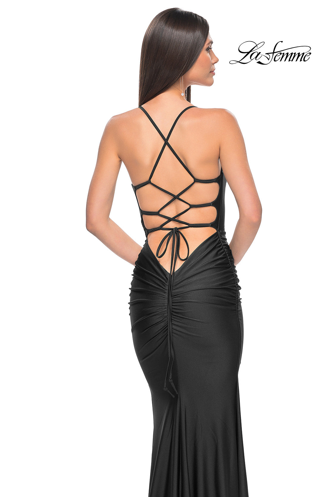 La Femme 31618 V-Neck Neckline Criss Cross Back Plain Jersey Column Fitted Evening Dress