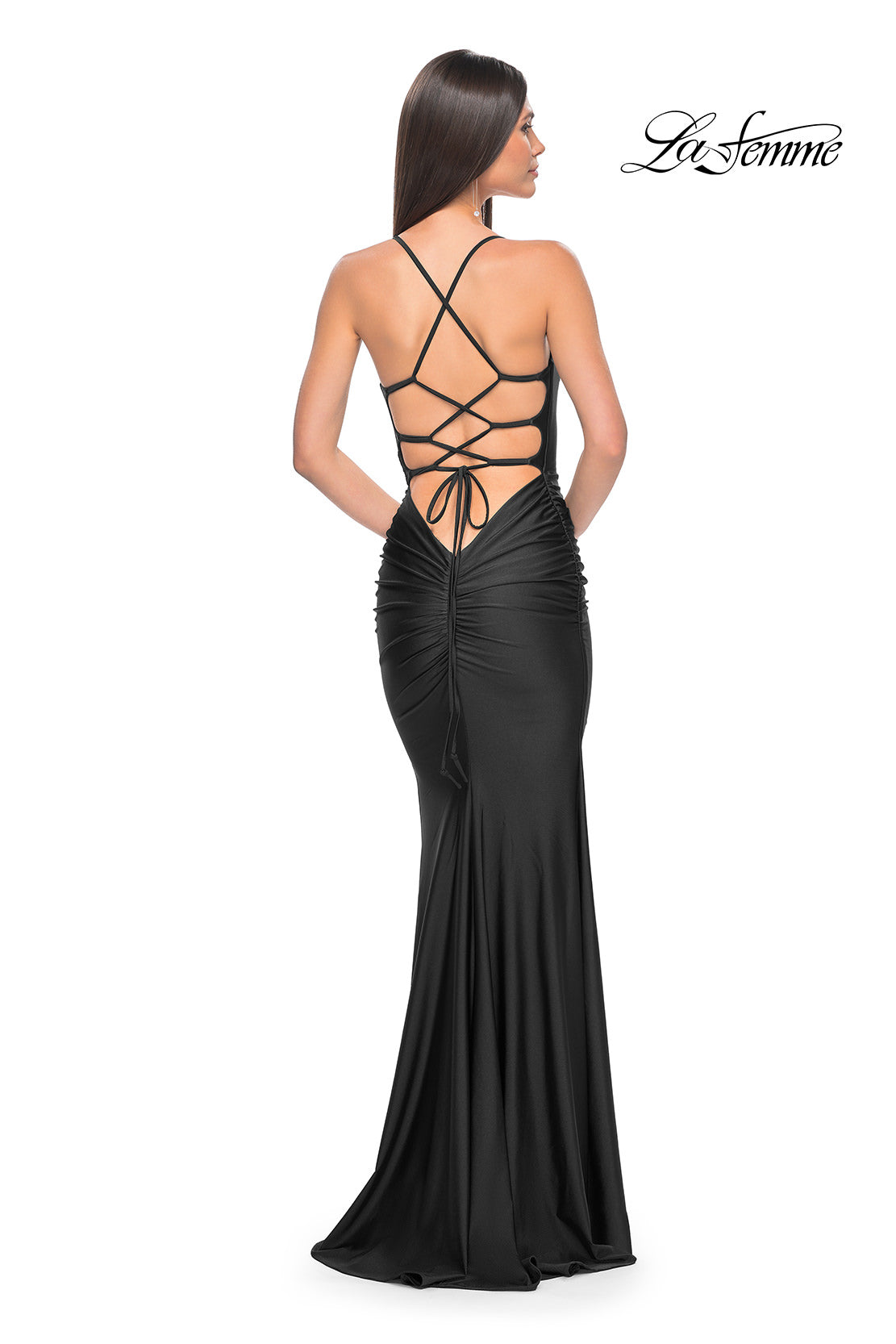 La Femme 31618 V-Neck Neckline Criss Cross Back Plain Jersey Column Fitted Evening Dress