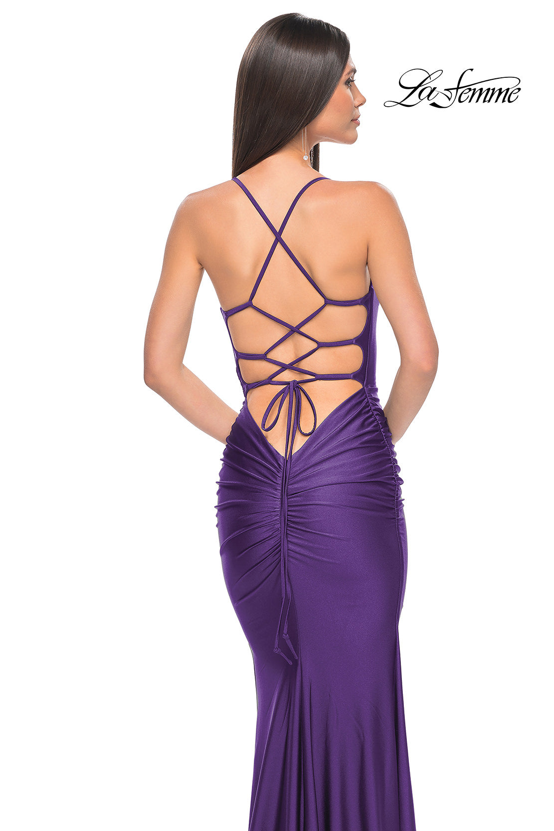 La Femme 31618 V-Neck Neckline Criss Cross Back Plain Jersey Column Fitted Evening Dress