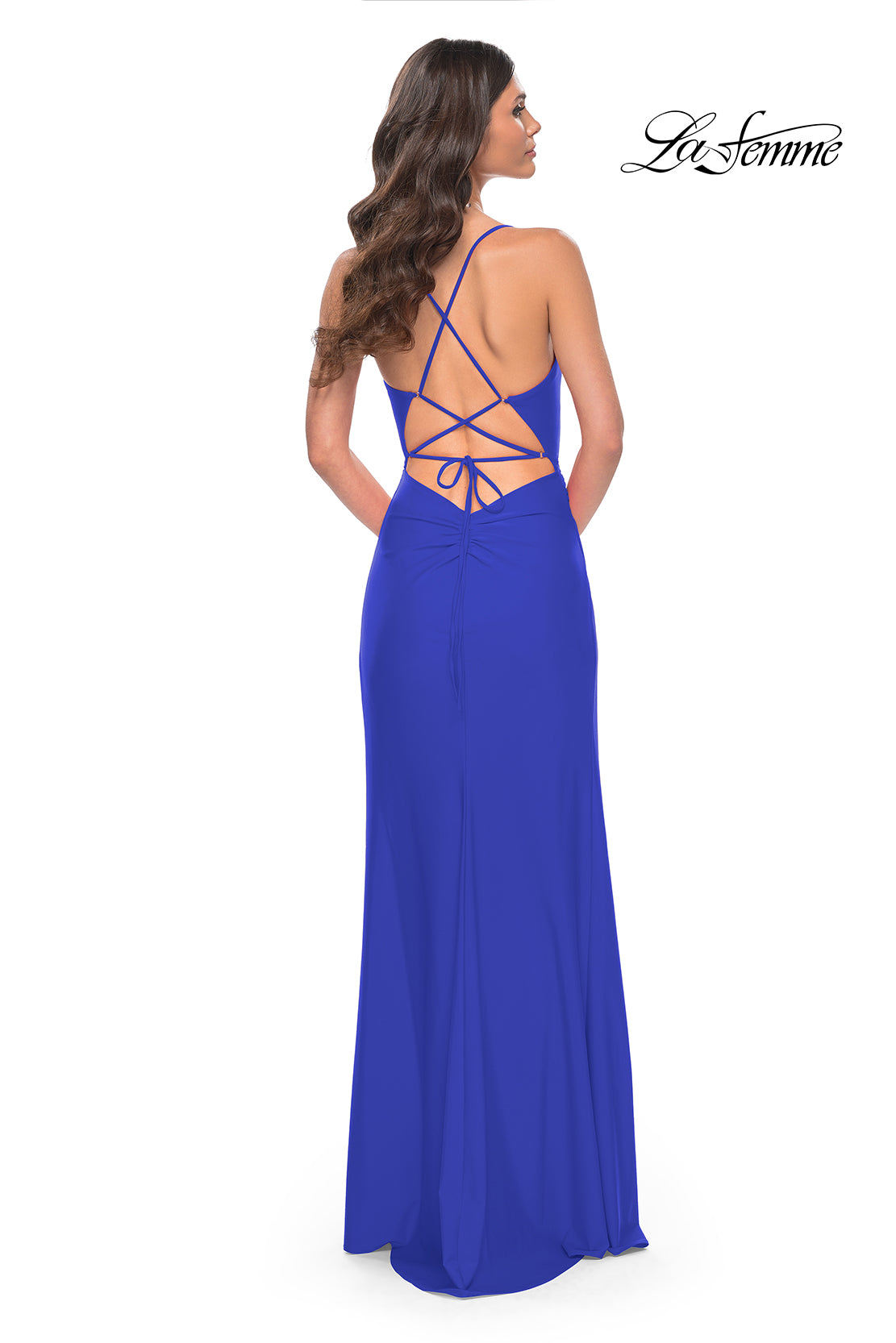 La Femme 31978 V-Neck Neckline Criss Cross Back High Slit Jersey Fitted Evening Dress
