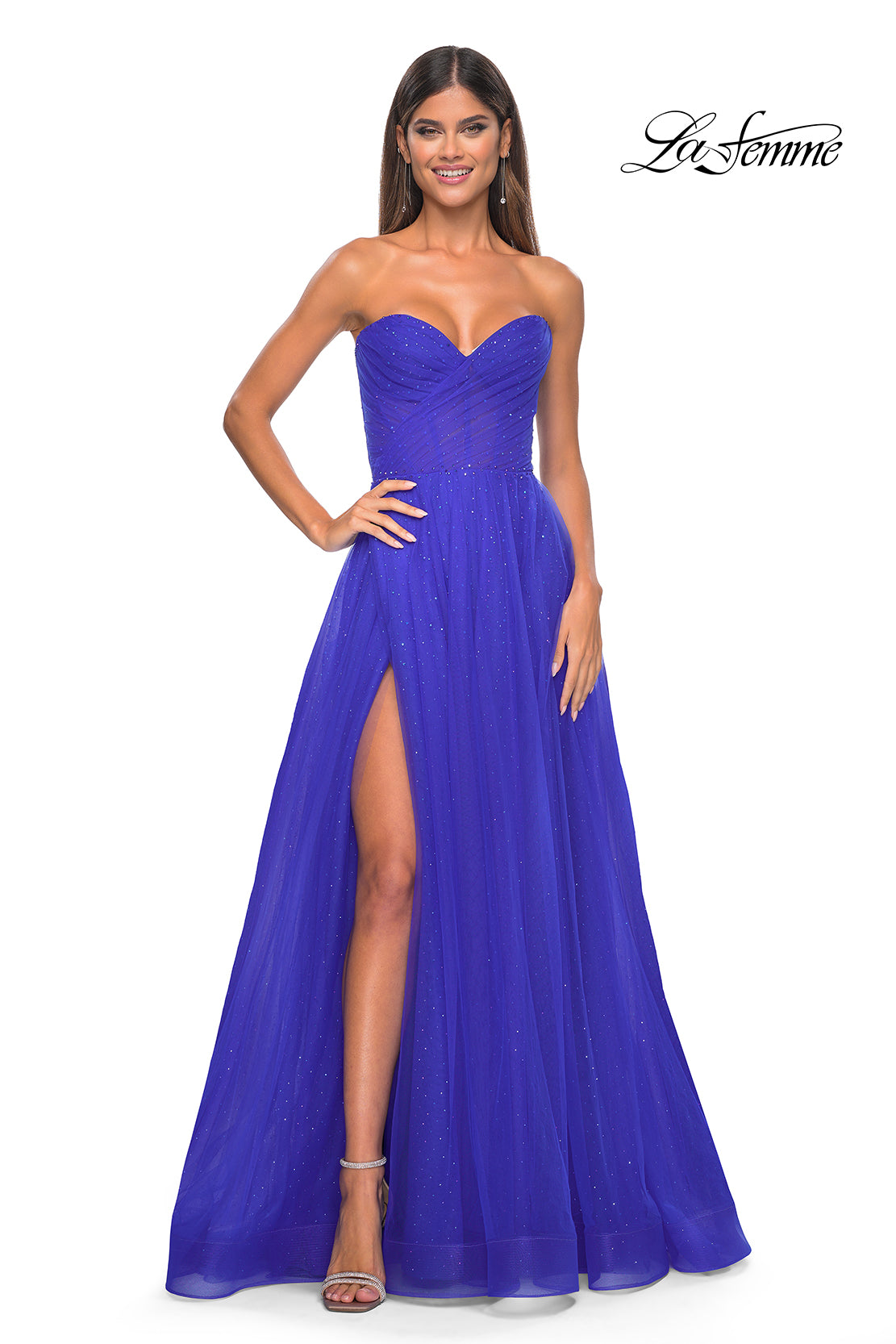 La Femme 31997 Sweetheart Neckline Zipper Back High Slit Hot Stone/Tulle A-Line Evening Dress