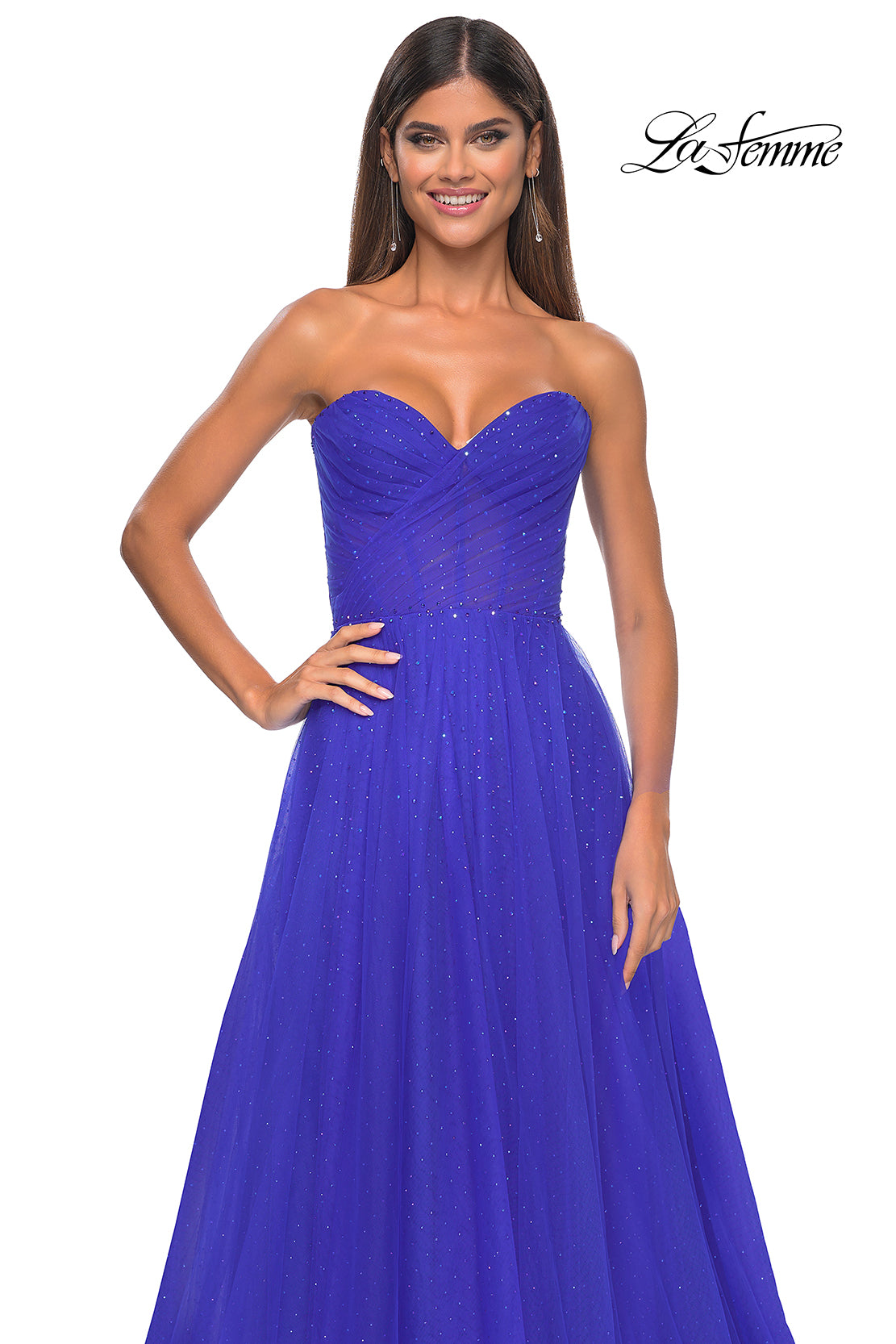 La Femme 31997 Sweetheart Neckline Zipper Back High Slit Hot Stone/Tulle A-Line Evening Dress