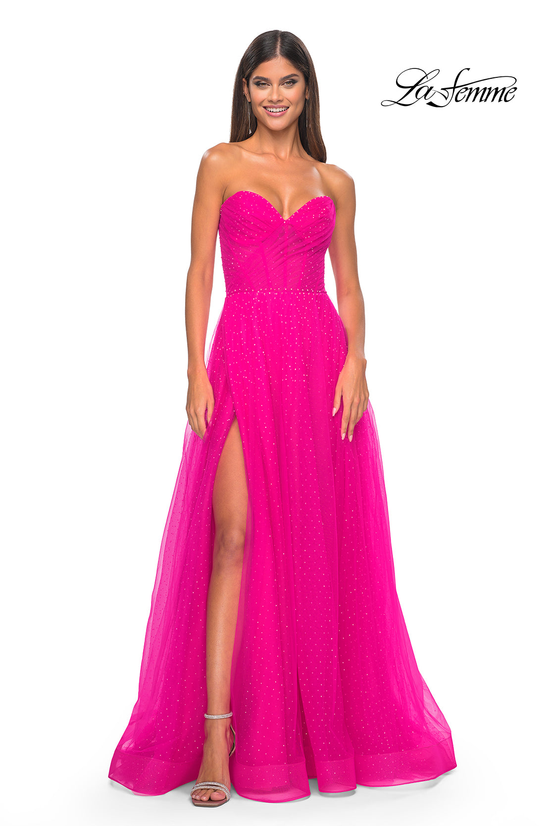 La Femme 31997 Sweetheart Neckline Zipper Back High Slit Hot Stone/Tulle A-Line Evening Dress