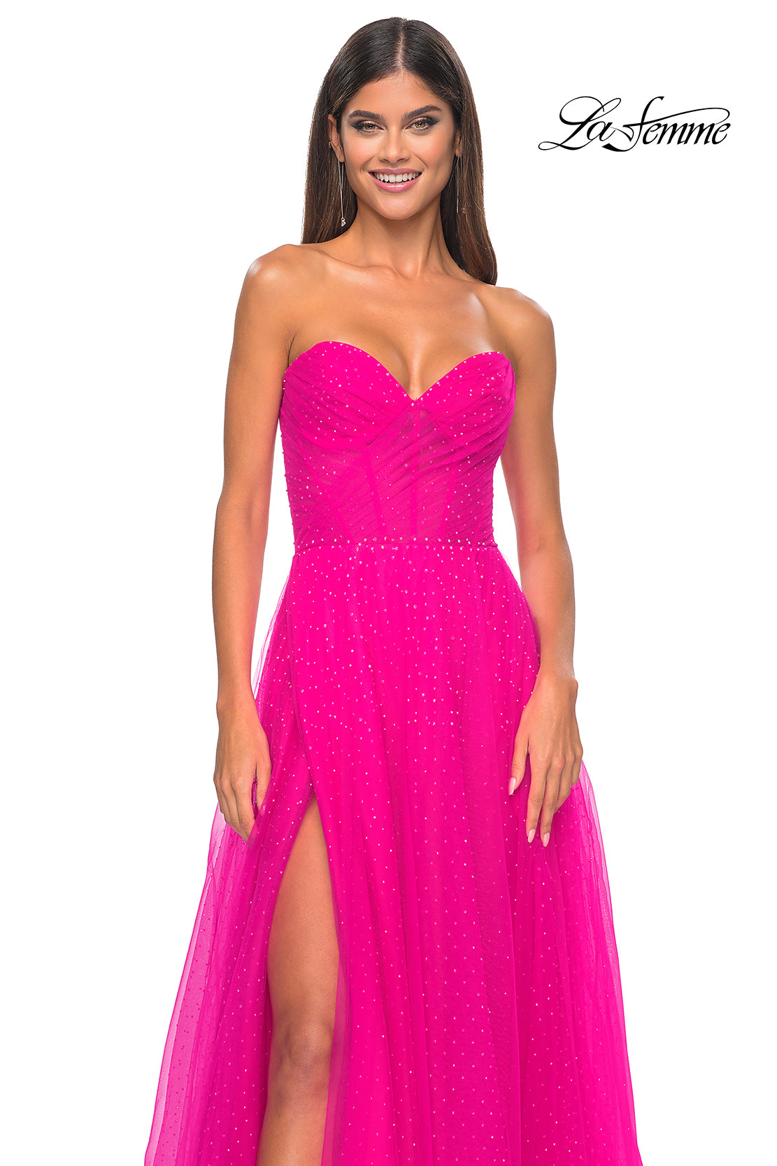 La Femme 31997 Sweetheart Neckline Zipper Back High Slit Hot Stone/Tulle A-Line Evening Dress