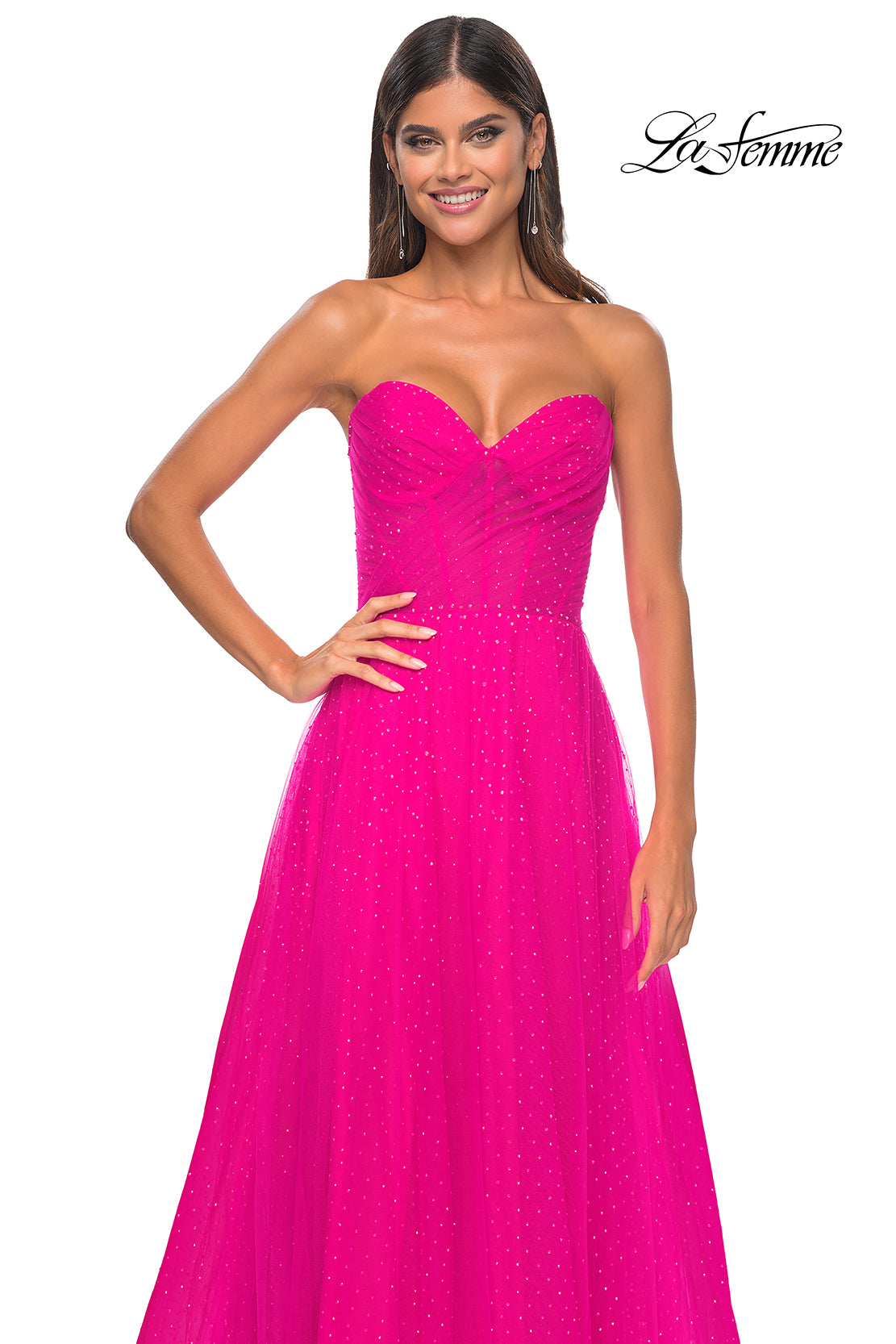 La Femme 31997 Sweetheart Neckline Zipper Back High Slit Hot Stone/Tulle A-Line Evening Dress