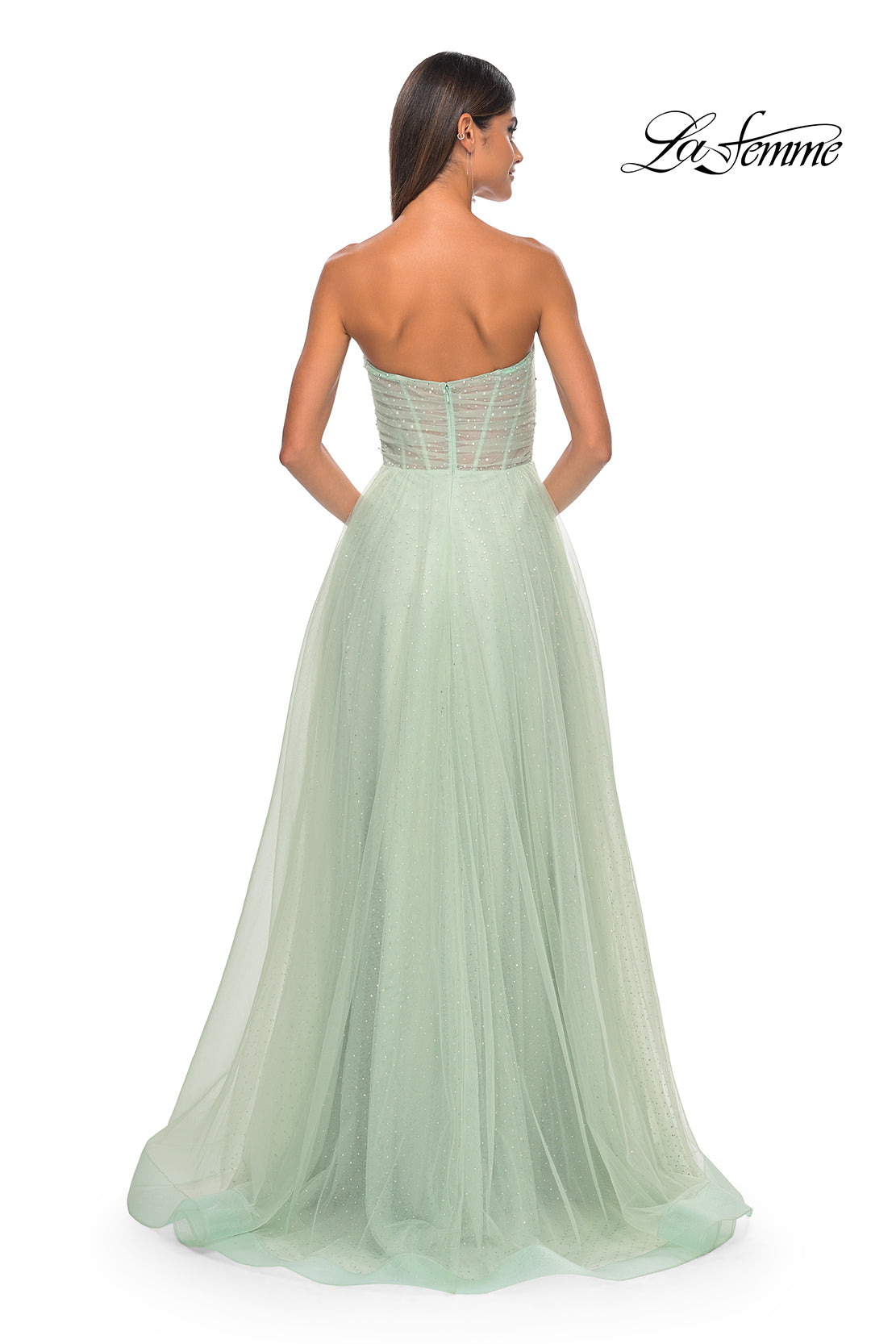 La Femme 31997 Sweetheart Neckline Zipper Back High Slit Hot Stone/Tulle A-Line Evening Dress