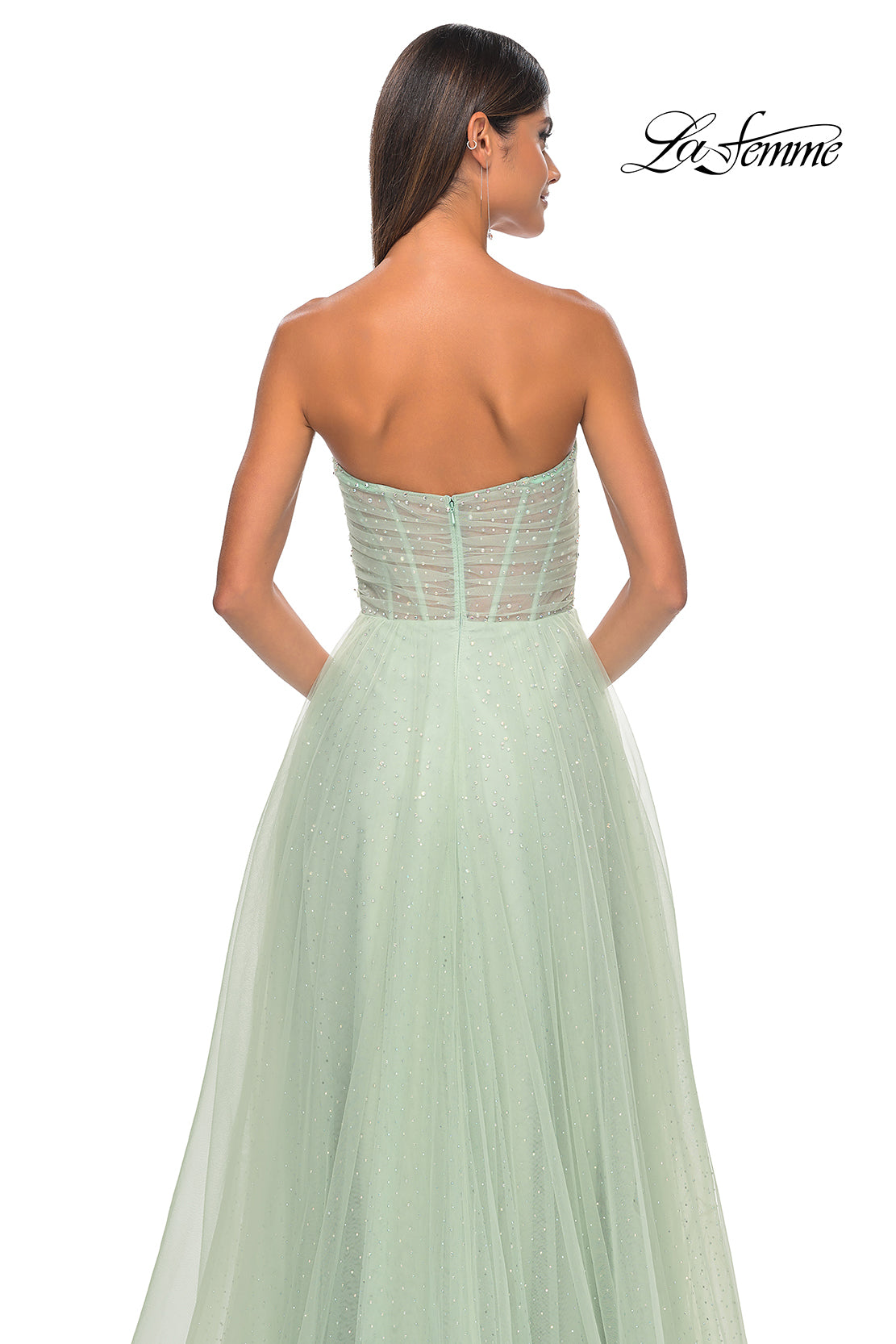 La Femme 31997 Sweetheart Neckline Zipper Back High Slit Hot Stone/Tulle A-Line Evening Dress