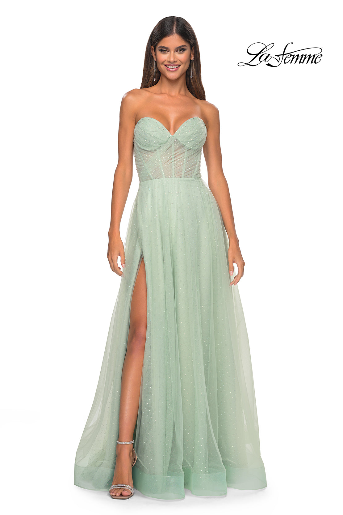 La Femme 31997 Sweetheart Neckline Zipper Back High Slit Hot Stone/Tulle A-Line Evening Dress