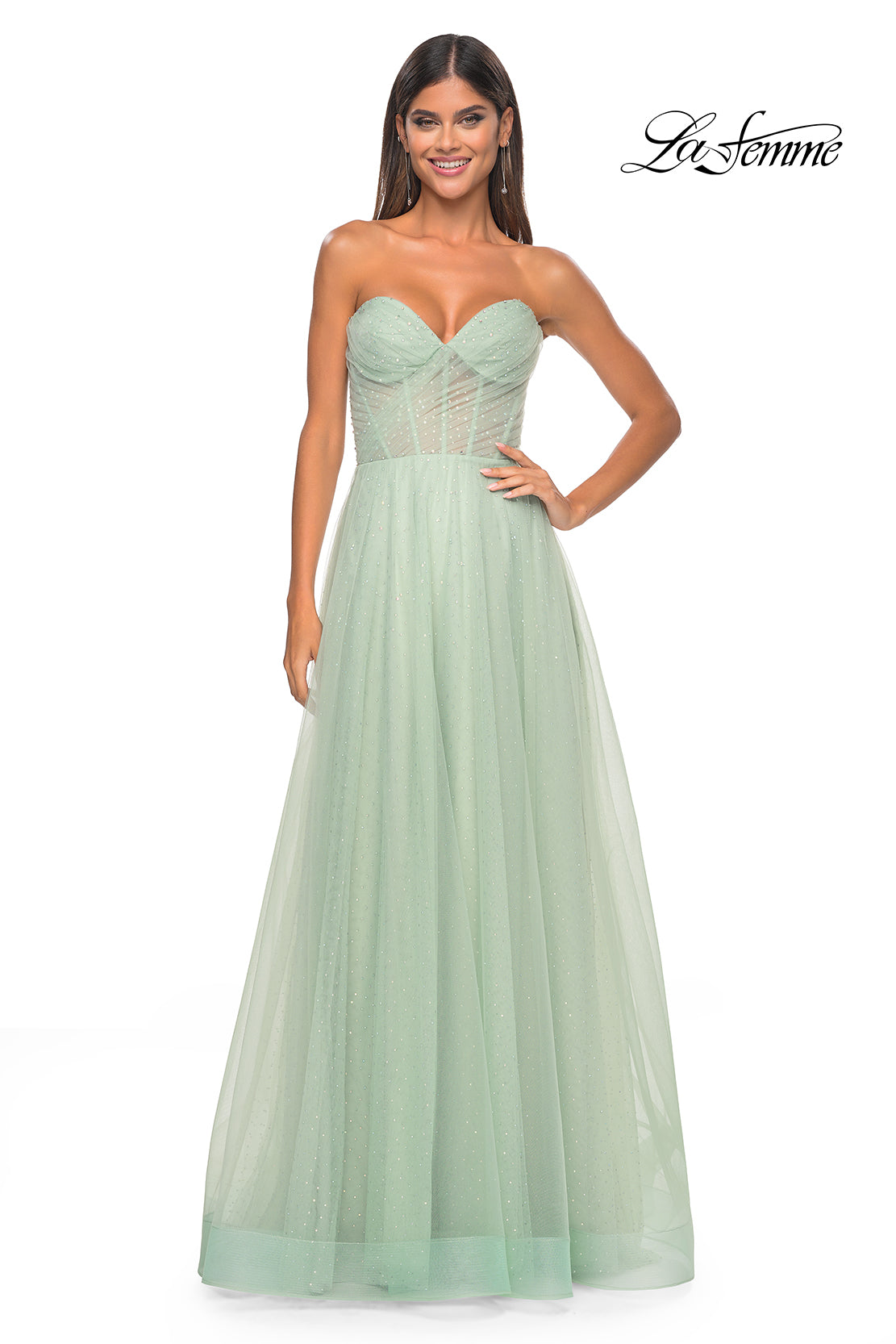 La Femme 31997 Sweetheart Neckline Zipper Back High Slit Hot Stone/Tulle A-Line Evening Dress