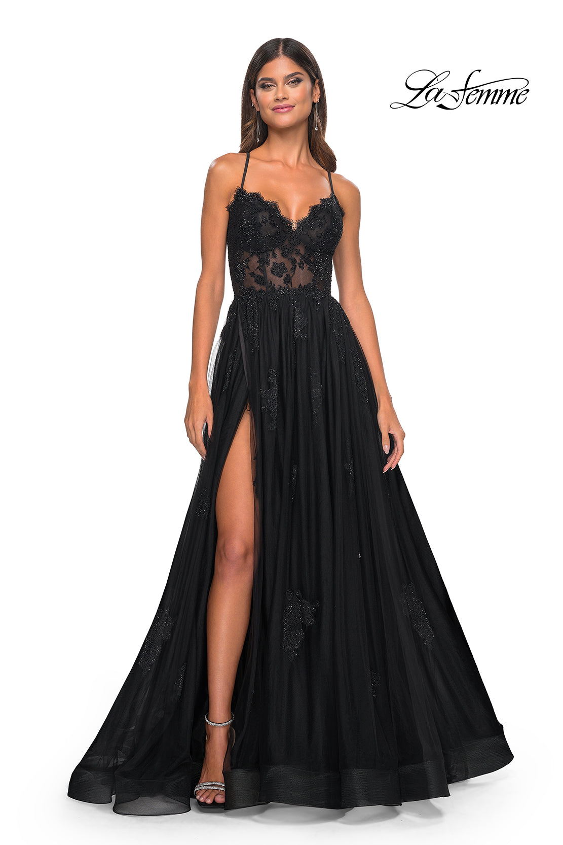 La Femme 32028 Sweetheart Neckline Criss Cross Back High Slit Lace/Tulle A-Line Evening Dress B Chic Fashions Long Dress Evening Gowns