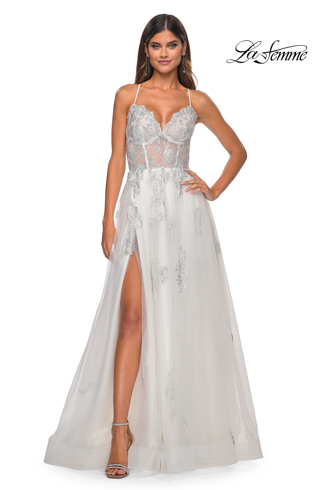 La Femme 32028 Sweetheart Neckline Criss Cross Back High Slit Lace/Tulle A-Line Evening Dress B Chic Fashions Long Dress Evening Gowns