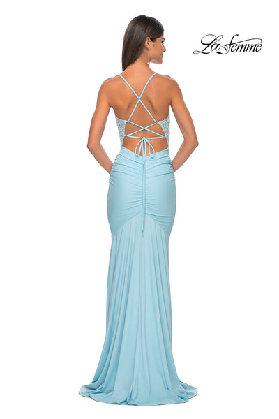 La Femme 32054 V-Neck Neckline Criss Cross Back High Slit Beaded/Jersey Column Evening Dress