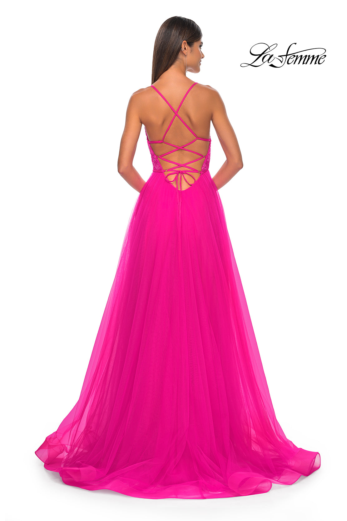 La Femme 32059 Plunging Neckline Backless Lace/Tulle A-Line Evening Dress