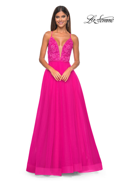 La Femme 32059 Plunging Neckline Backless Lace/Tulle A-Line Evening Dress