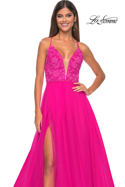La Femme 32059 Plunging Neckline Backless Lace/Tulle A-Line Evening Dress