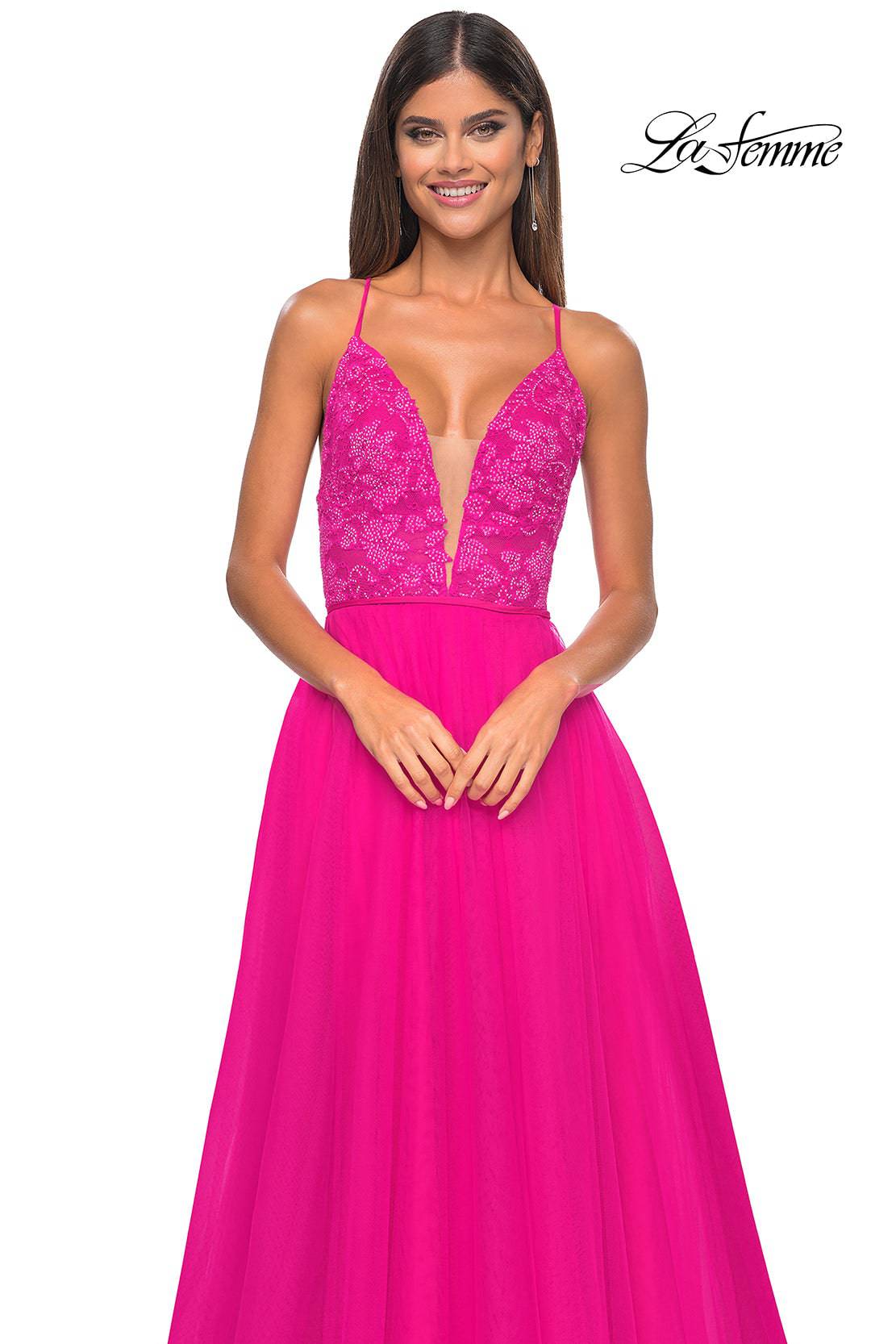 La Femme 32059 Plunging Neckline Backless Lace/Tulle A-Line Evening Dress