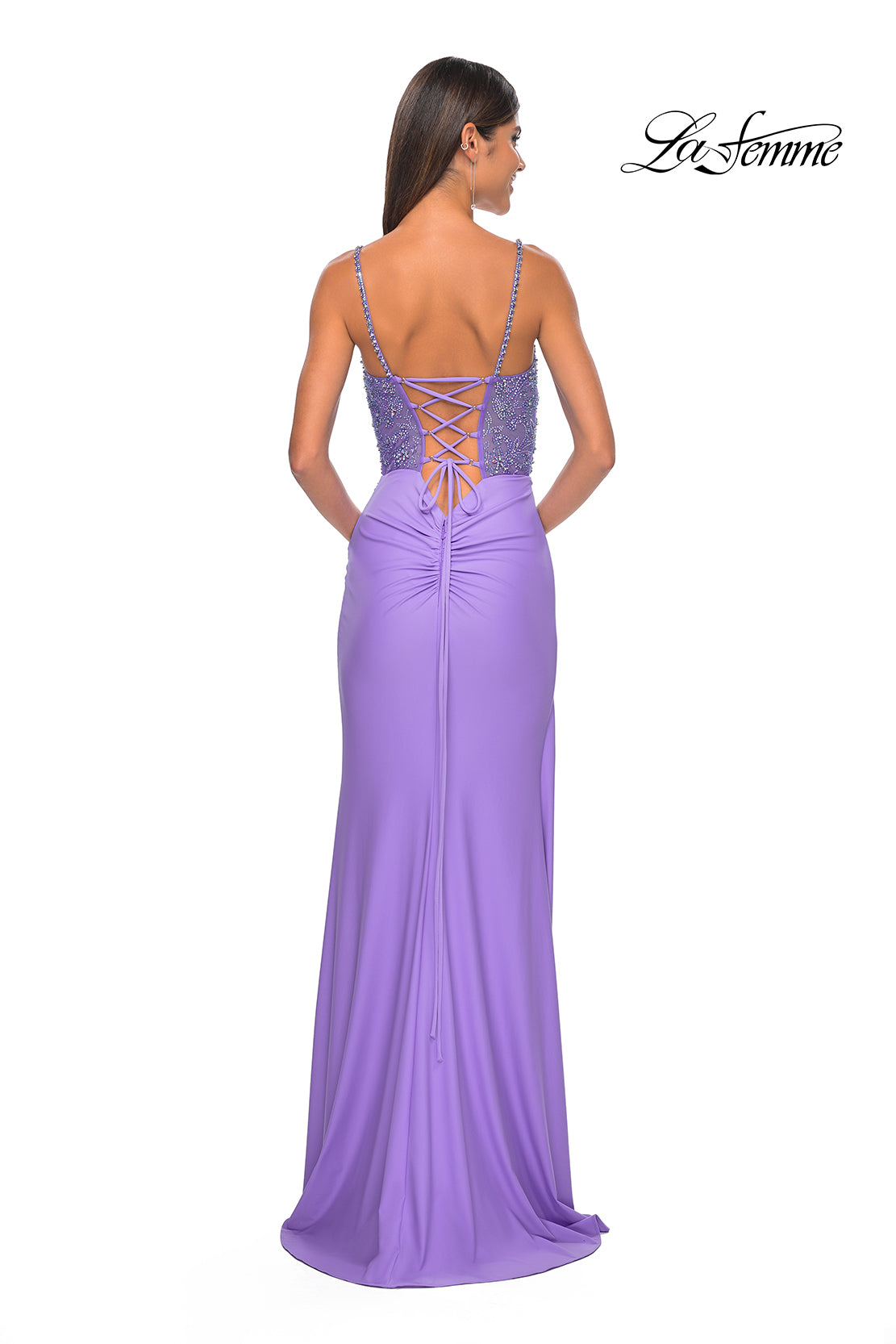 La Femme 32089 Sweetheart Neckline Lace up Back High Slit Beaded/Jersey Fitted Evening Dress