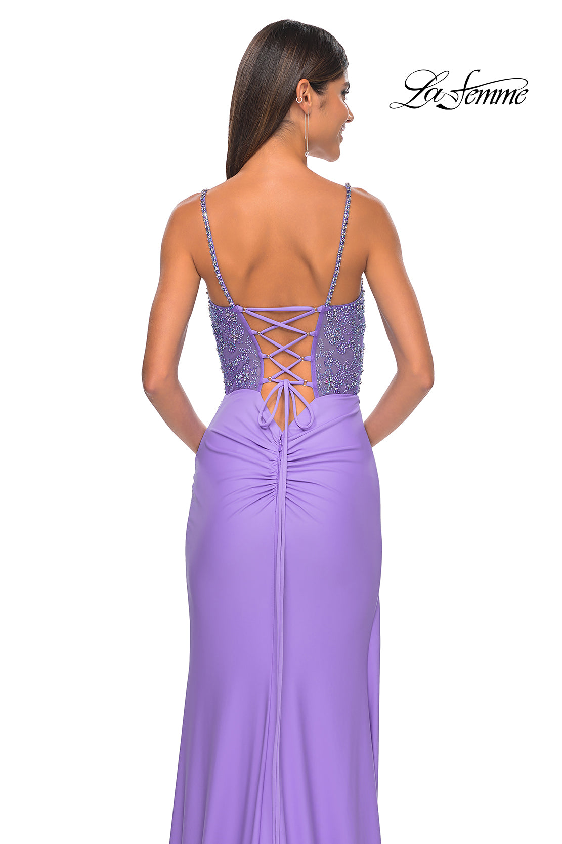 La Femme 32089 Sweetheart Neckline Lace up Back High Slit Beaded/Jersey Fitted Evening Dress