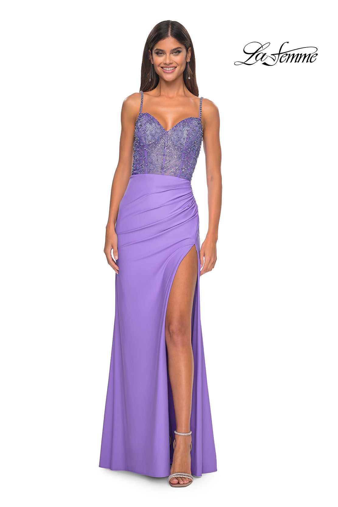 La Femme 32089 Sweetheart Neckline Lace up Back High Slit Beaded/Jersey Fitted Evening Dress