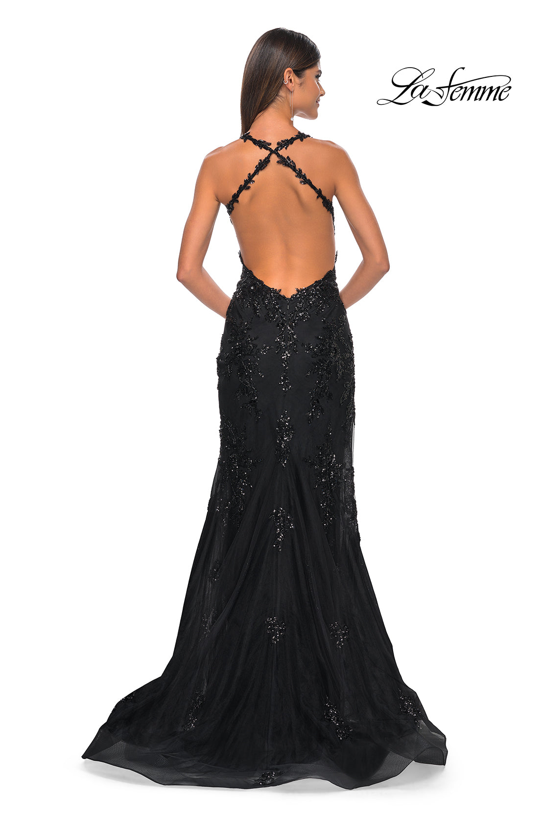 La Femme 32107 V-Neck Neckline Open Back High Slit Sequin/Tulle Column Fitted Evening Dress